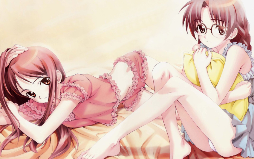 1920x1200, barefoot, brown_hair, cross_channel, duplicate, glasses, highres, hug