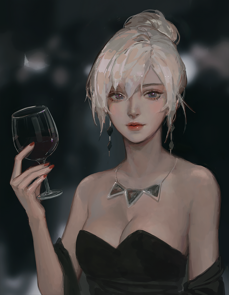 1girl, bare_shoulders, black_dress, blonde_hair, blue_eyes, borrowed_character, breasts, cleavage, commentary, cup, dress, drinking_glass, earrings, english_commentary, hair_bun, holding, holding_cup, jewelry, jiayue_wu, lips, looking_at_viewer, medium_breasts, nail_polish, necklace, nose, original, portrait, red_nails, solo, strapless, strapless_dress, tess_turner, upper_body, wine_glass