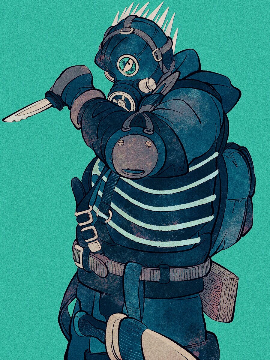 1boy, aqua_background, belt, caiman, cowboy_shot, dorohedoro, gas_mask, gloves