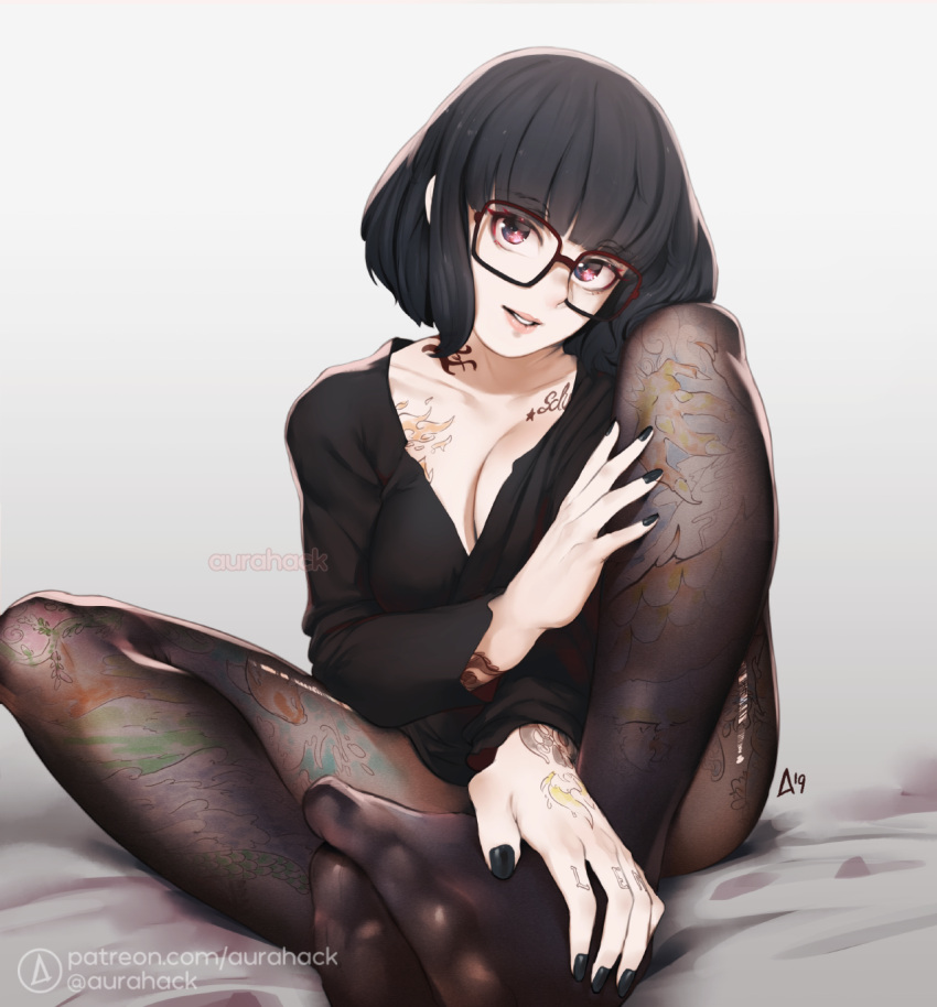 1girl, 2019, aurahack, bangs, black_hair, black_legwear, black_nails, breast_tattoo