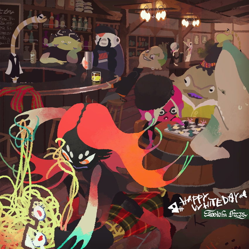 6+boys, bar, bar_stool, barrel, beanie, beer_bottle, black_skin, blow_bottom, board_game, chess, commentary_request, earrings, fighting, fin_bottom, fuka_bottom, glasses, hat, highres, inoue_seita, jewelry, kilt, kuze_(splatoon), long_hair, male_focus, multiple_boys, octarian, official_art, orange_eyes, orange_hair, paul_(splatoon), red_skin, redhead, ryuu-chang, sawaberu_taichi, shark, splatoon, splatoon_(series), splatoon_2, stool, taka_(splatoon), tangle_bottom, tentacle_hair, white_day