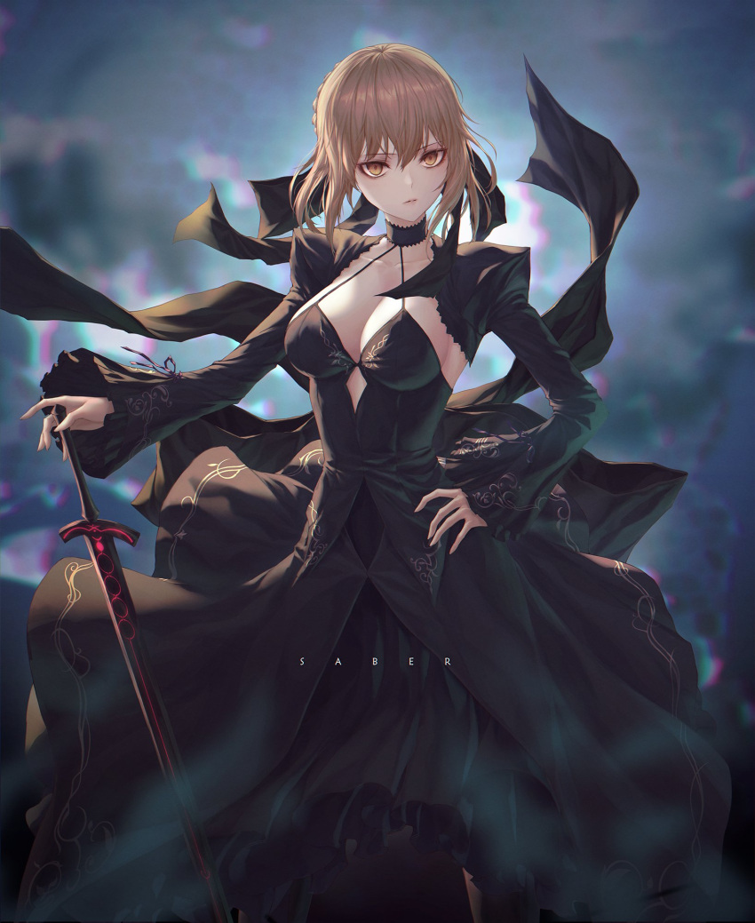 1girl, artoria_pendragon_(all), bangs, black_dress, black_ribbon, blonde_hair, breasts, cleavage