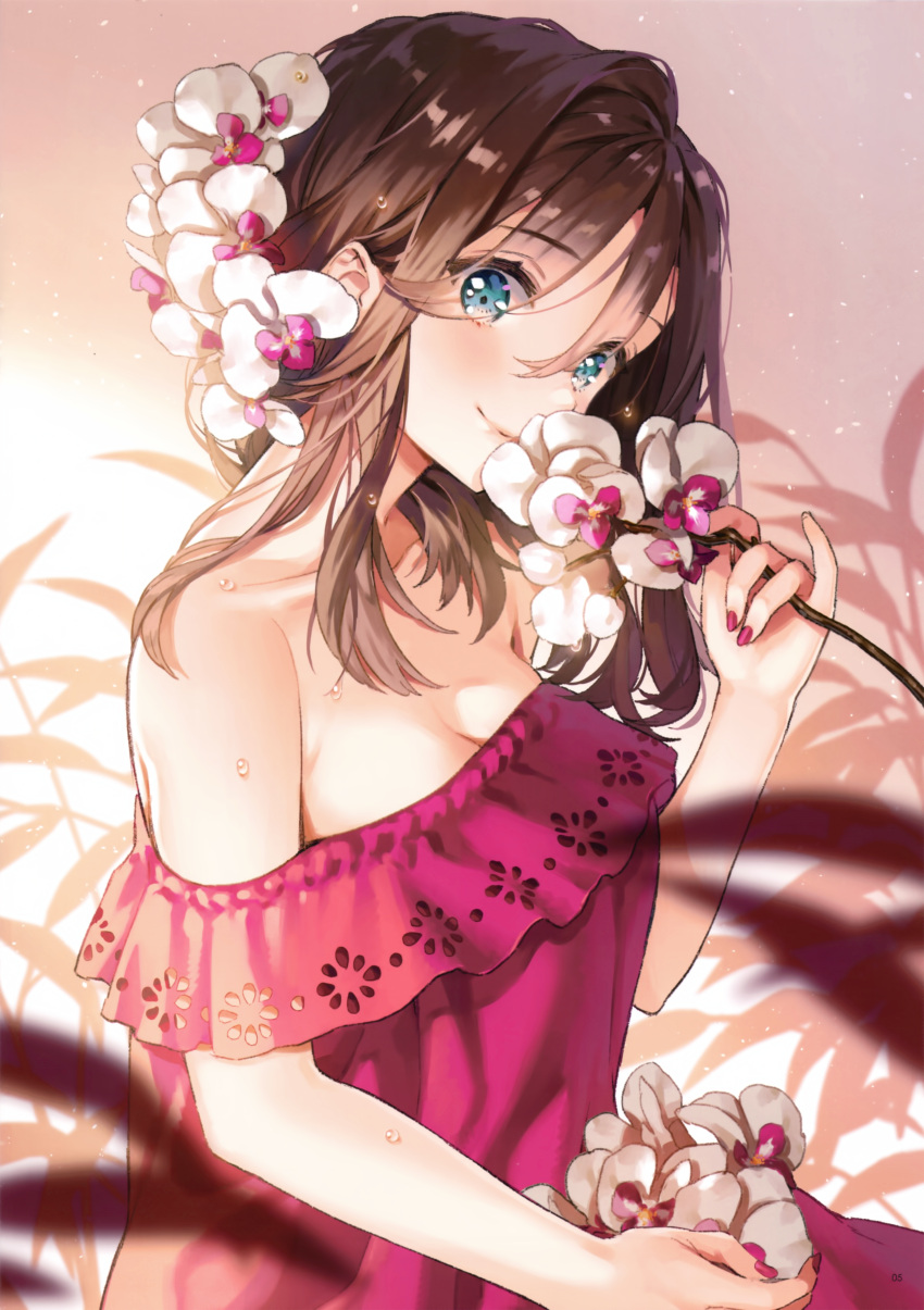 1girl, absurdres, ancotaku, bangs, bare_shoulders, blue_eyes, blurry, blurry_background