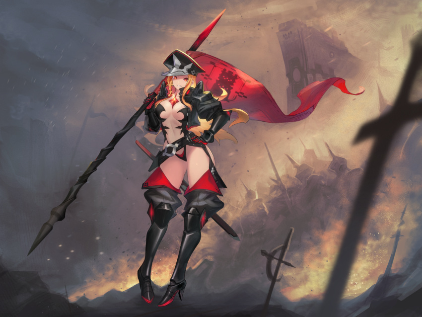 1girl, armor, black_gloves, black_hat, black_legwear, blonde_hair, breasts, cleavage
