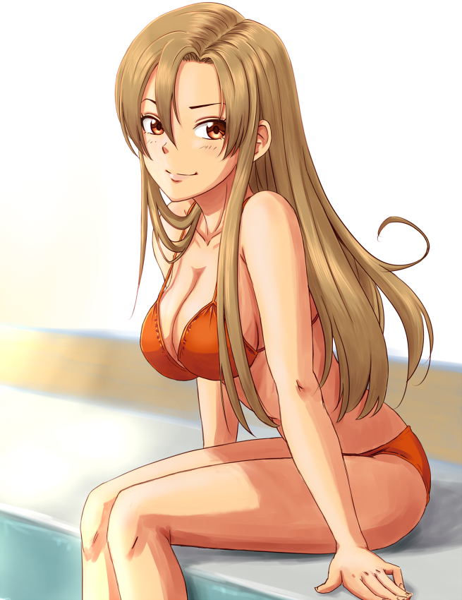 1girl, anbj, bikini, breasts, brown_eyes, brown_hair, cleavage, hair_between_eyes