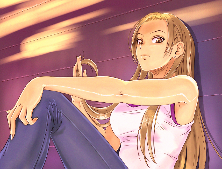 1girl, against_wall, anbj, blue_pants, breasts, brown_eyes, brown_hair, earrings, holding, holding_hair, idolmaster, idolmaster_cinderella_girls, jewelry, long_hair, looking_at_viewer, matsunaga_ryou, medium_breasts, pants, shiny, shiny_hair, shirt, sitting, sleeveless, sleeveless_shirt, solo, very_long_hair, white_shirt