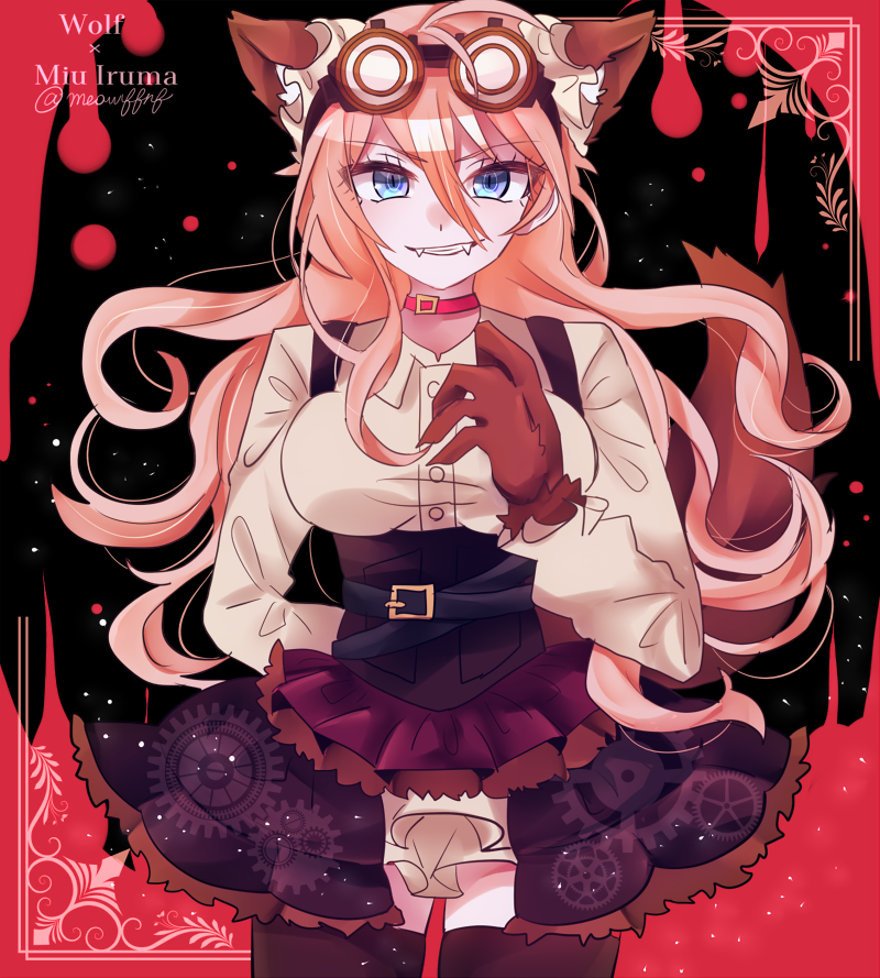 1girl, animal_ears, arm_behind_back, black_legwear, blonde_hair, blue_eyes, brown_gloves, character_name, corset, cowboy_shot, dangan_ronpa, dress_shirt, eyebrows_visible_through_hair, fangs_out, floating_hair, gloves, grey_shirt, grin, hair_between_eyes, heart, heart_print, iruma_miu, layered_skirt, long_hair, long_sleeves, looking_at_viewer, miniskirt, nekoshin_kagari, new_dangan_ronpa_v3, print_skirt, shirt, skirt, smile, solo, standing, thigh-highs, twintails, twitter_username, very_long_hair, wolf_ears