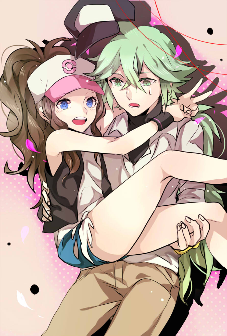 1boy, 1girl, black_coat, blue_eyes, blue_shorts, brown_hair, brown_pants, carrying