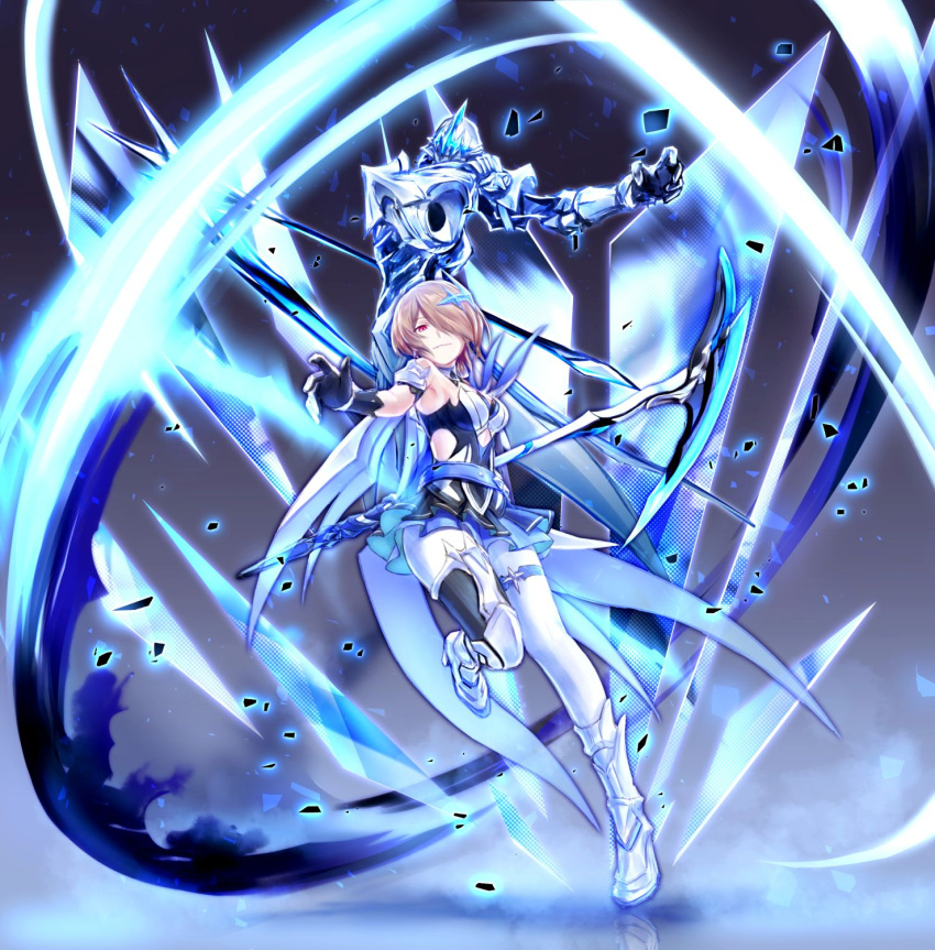 1girl, armor, armored_dress, bangs, bare_shoulders, belt, black_gloves, blue_legwear