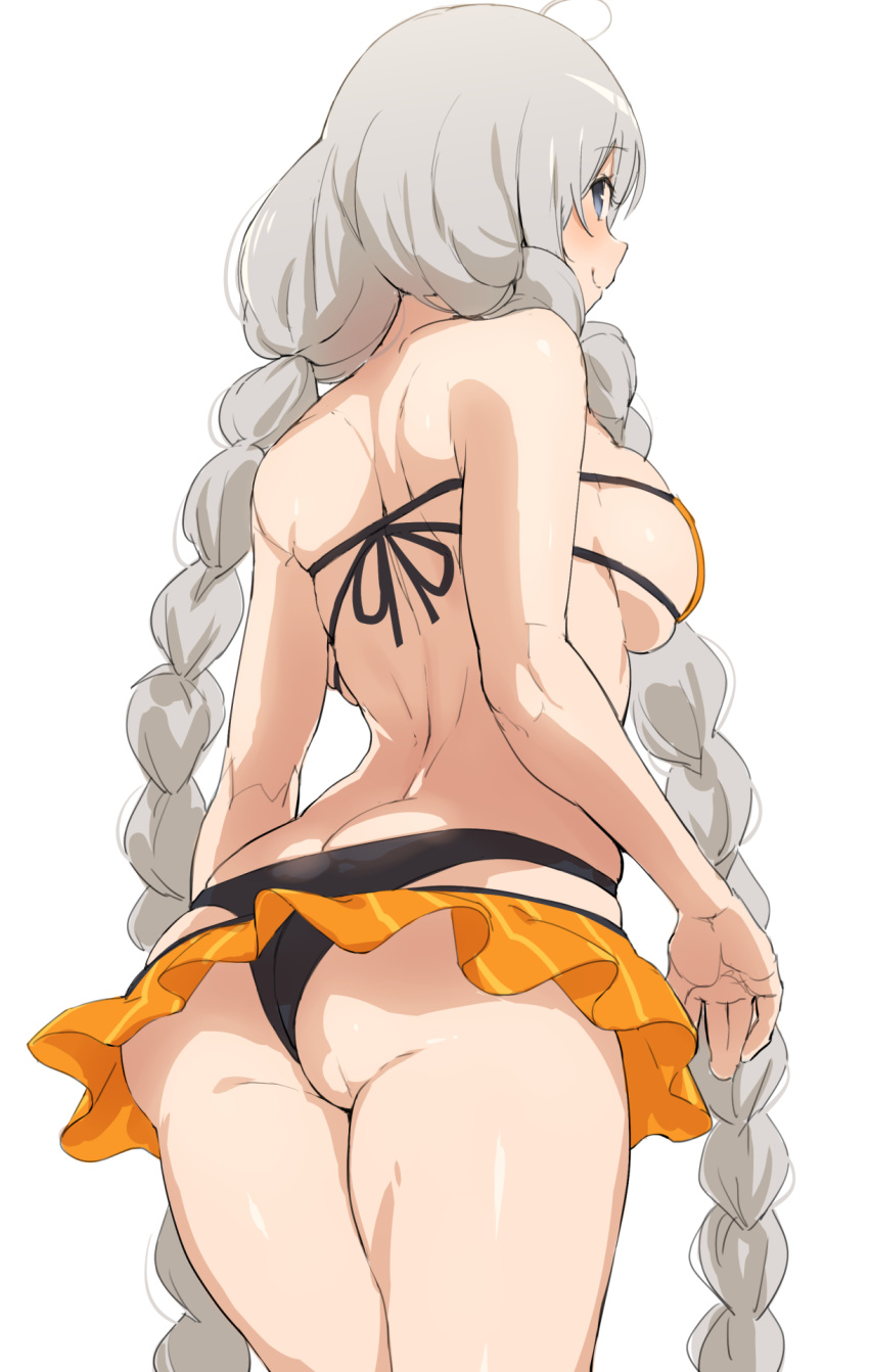1girl, ahoge, ass, backboob, bikini_skirt, black_bikini_bottom, blue_eyes, braid