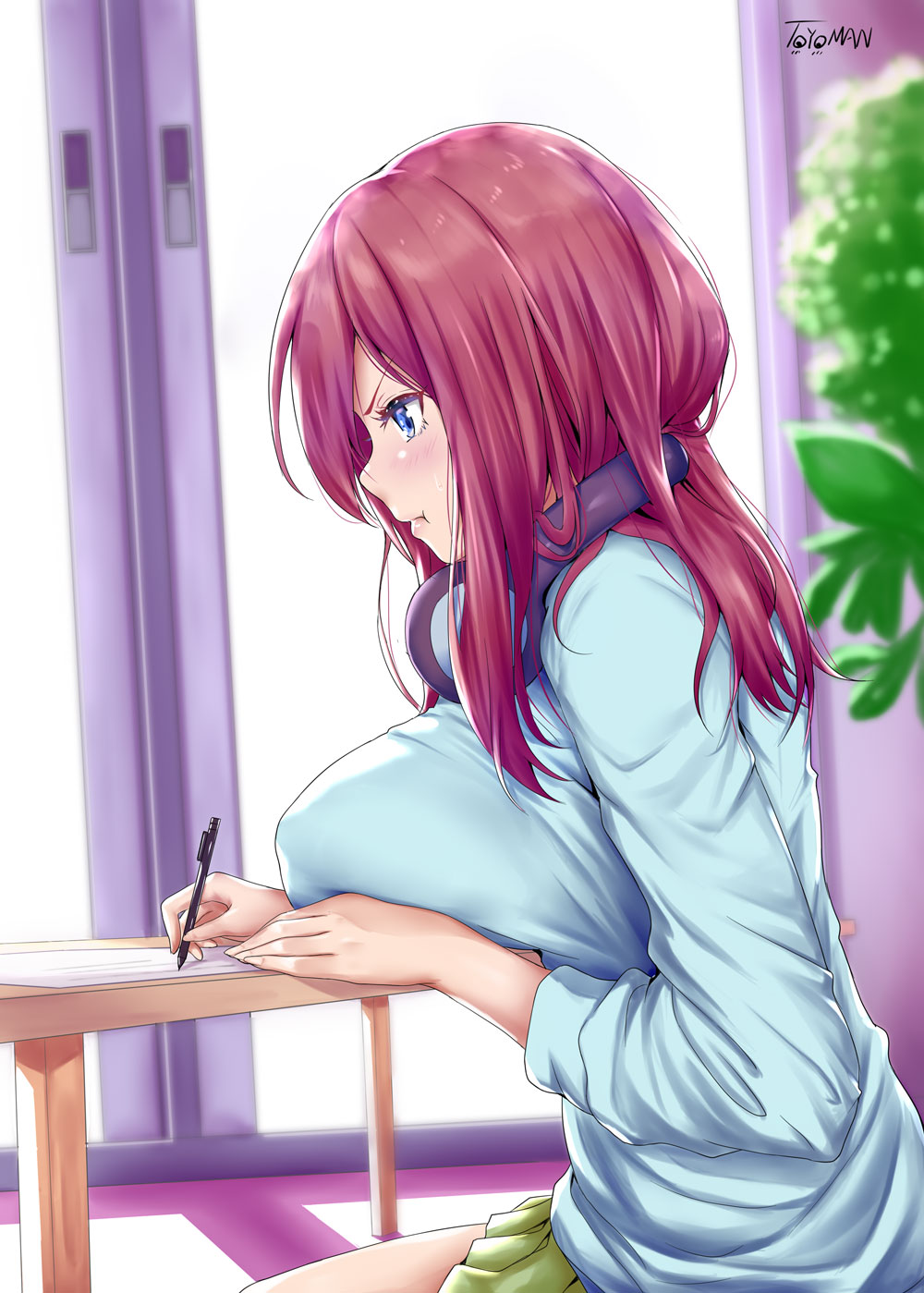 1girl, blue_cardigan, blue_eyes, breast_rest, breasts, brown_hair, from_side, go-toubun_no_hanayome