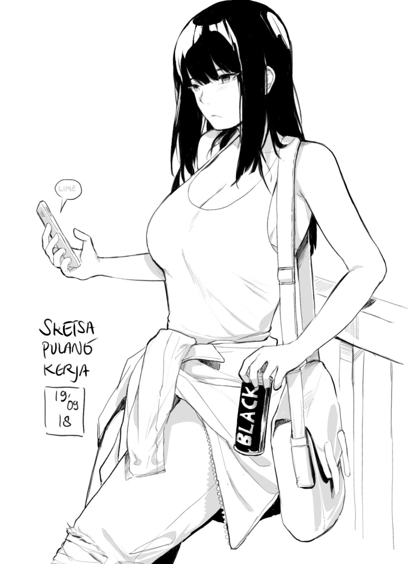 1girl, bag, bangs, bare_shoulders, black_eyes, black_hair, breasts, can