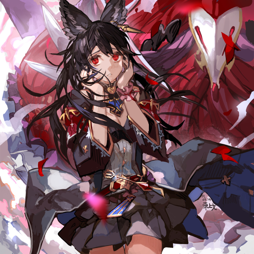 1girl, black_hair, death_(granblue_fantasy), earrings, erune, granblue_fantasy, hands_on_own_cheeks, hands_on_own_face