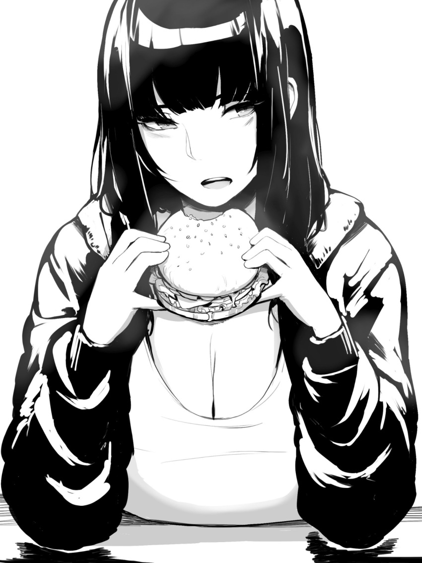 1girl, bangs, bare_shoulders, bitten, black_eyes, black_hair, breasts, cleavage