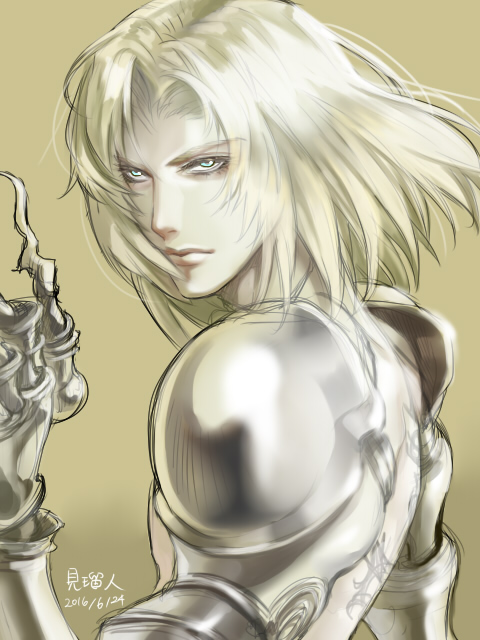 1boy, aqua_eyes, armor, back, bare_back, bare_chest, blonde_hair, blue_eyes
