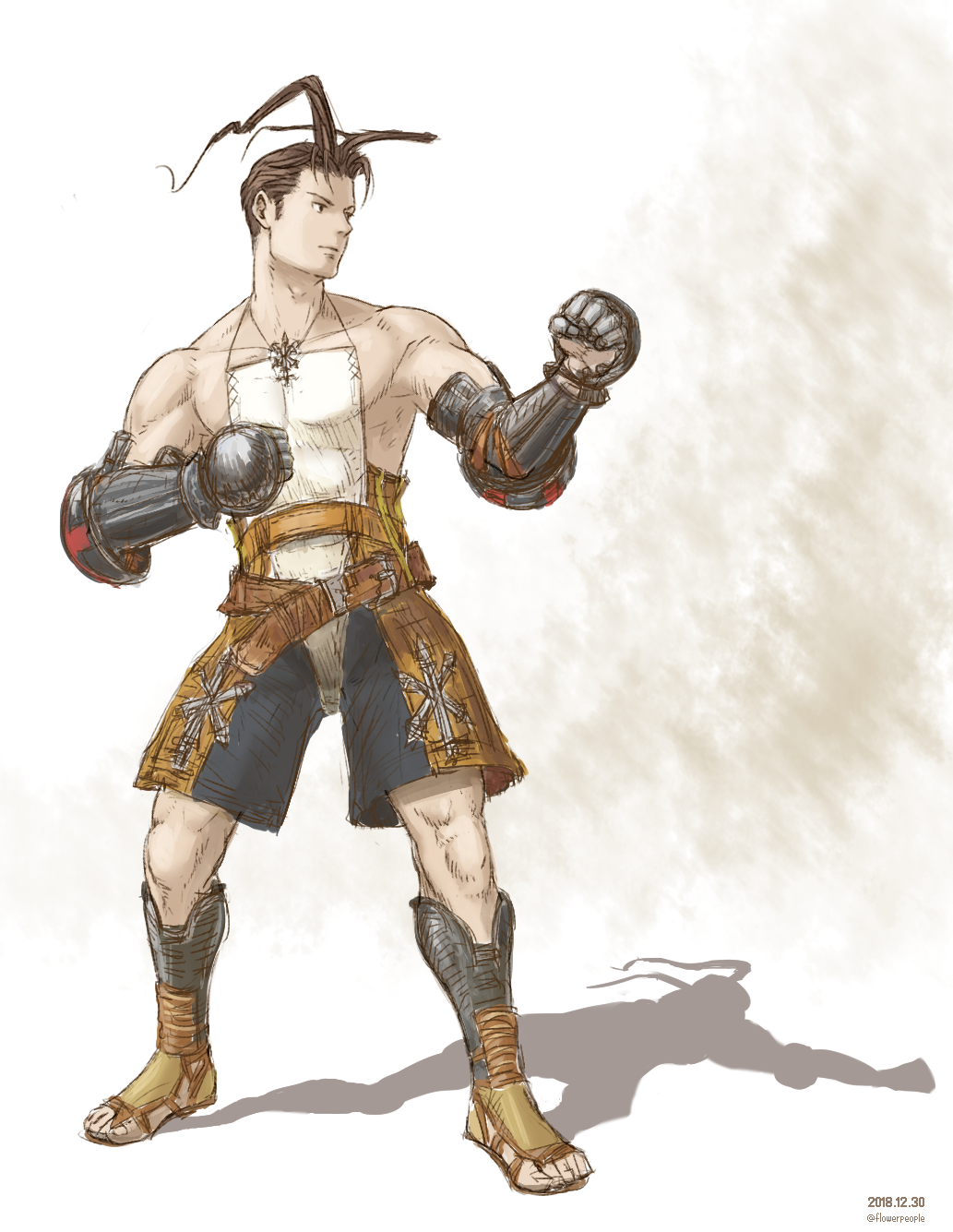 1boy, antenna_hair, armor, ashley_riot, bare_shoulders, belt, black_gloves, boots, brown_eyes, brown_hair, closed_mouth, collarbone, gloves, highres, looking_away, looking_to_the_side, male_focus, open_toe_shoes, pants, short_hair, shorts, simple_background, solo, stance, vagrant_story, white_background, windcaller