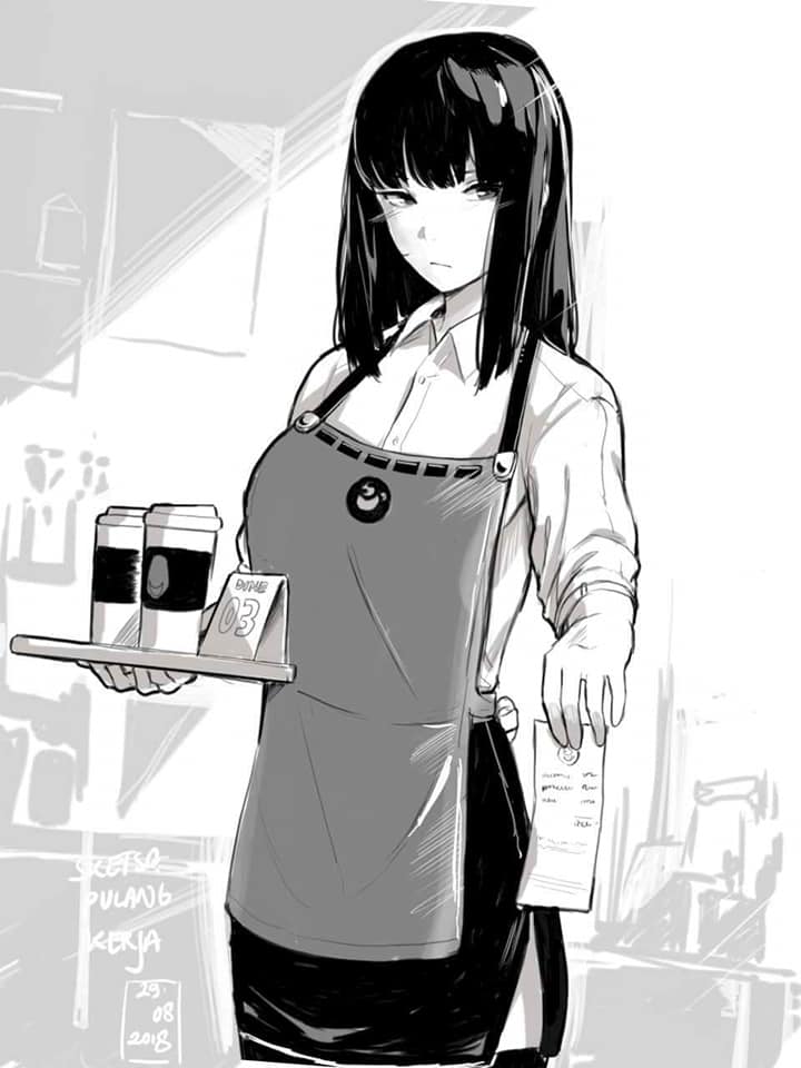 1girl, apron, barista, black_eyes, black_hair, blouse, cafe, coffee_cup