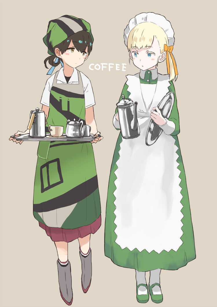 2girls, :o, alternate_costume, apron, bangs, blonde_hair, blue_eyes, blue_ribbon
