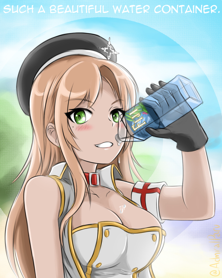 1girl, admiral_paru, azur_lane, beret, black_gloves, blush, bottle, breasts