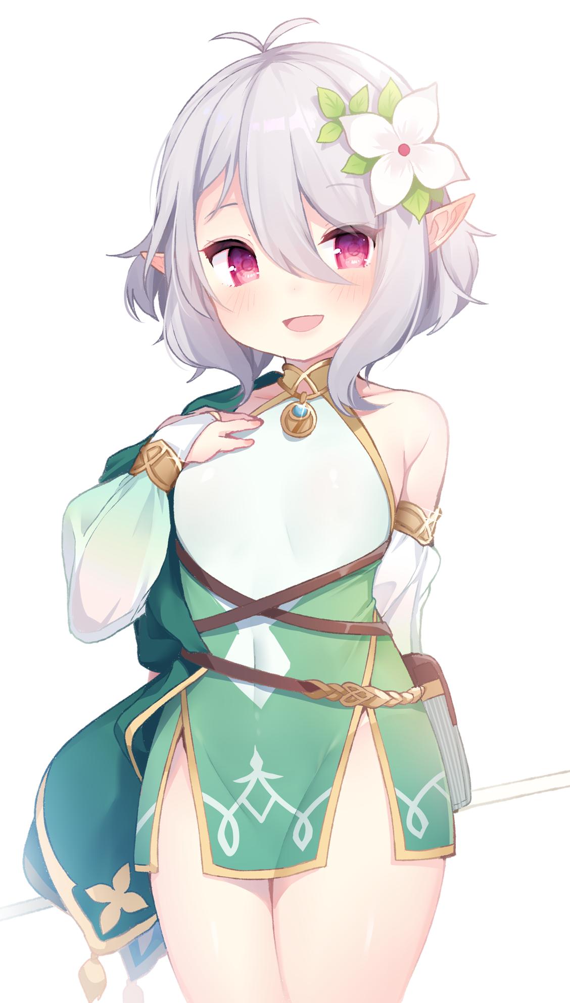 1girl, :d, antenna_hair, bangs, blush, bridal_gauntlets, commentary_request, detached_sleeves