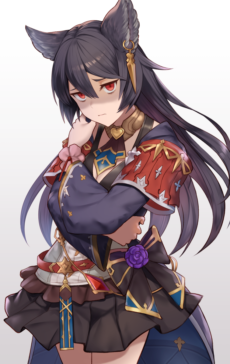 1girl, black_hair, bow, earrings, empty_eyes, erune, granblue_fantasy, jewelry