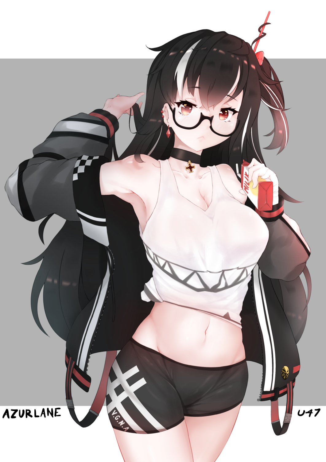 1girl, azur_lane, bangs, bike_shorts, black_hair, breasts, choker, cleavage, earrings, eyebrows_visible_through_hair, glasses, hair_between_eyes, highres, iron_cross, jacket, jewelry, large_breasts, long_hair, looking_at_viewer, milk, multicolored_hair, navel, one_side_up, red_eyes, secretperson, solo, streaked_hair, tank_top, u-47_(azur_lane), white_hair