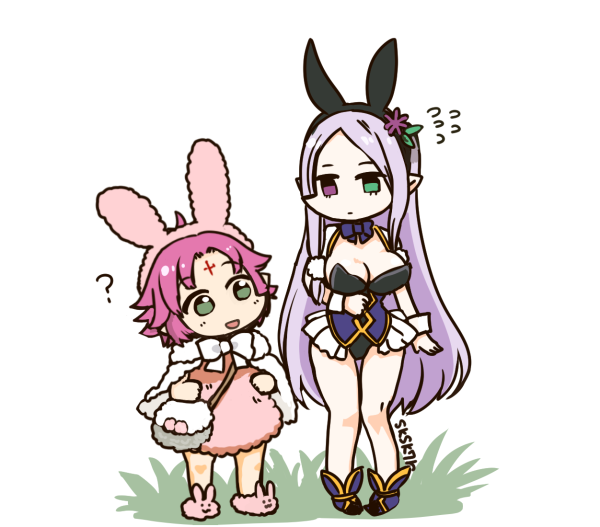 2girls, alternate_costume, animal_ears, artist_name, breasts, cape, cleavage, closed_mouth