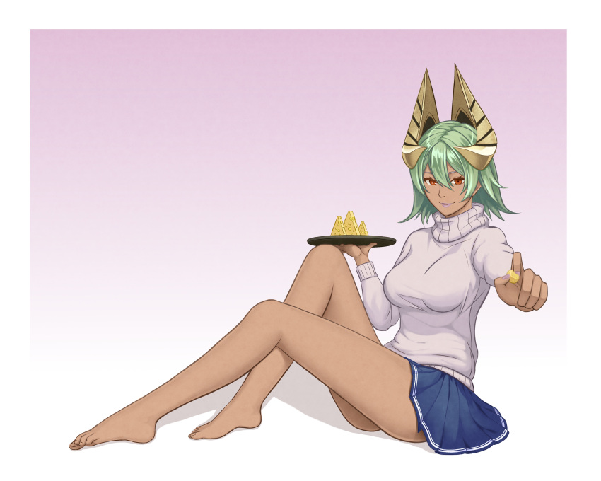 1girl, absurdres, alternate_costume, bare_legs, barefoot, breasts, casual, cheese, commentary, commission, crown, dakkalot, dark_skin, english_commentary, feet, fire_emblem, fire_emblem_heroes, food, green_hair, hair_ornament, highres, holding, holding_food, laegjarn_(fire_emblem_heroes), legs, lips, lipstick, looking_at_viewer, makeup, medium_breasts, nintendo, red_eyes, short_hair, simple_background, sitting, skirt, smile, solo, sweater, turtleneck, turtleneck_sweater