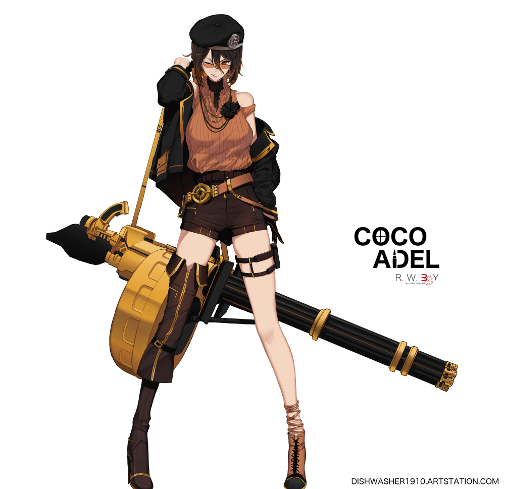 1girl, beret, breasts, brown_eyes, brown_hair, coco_adel, dishwasher1910, gloves