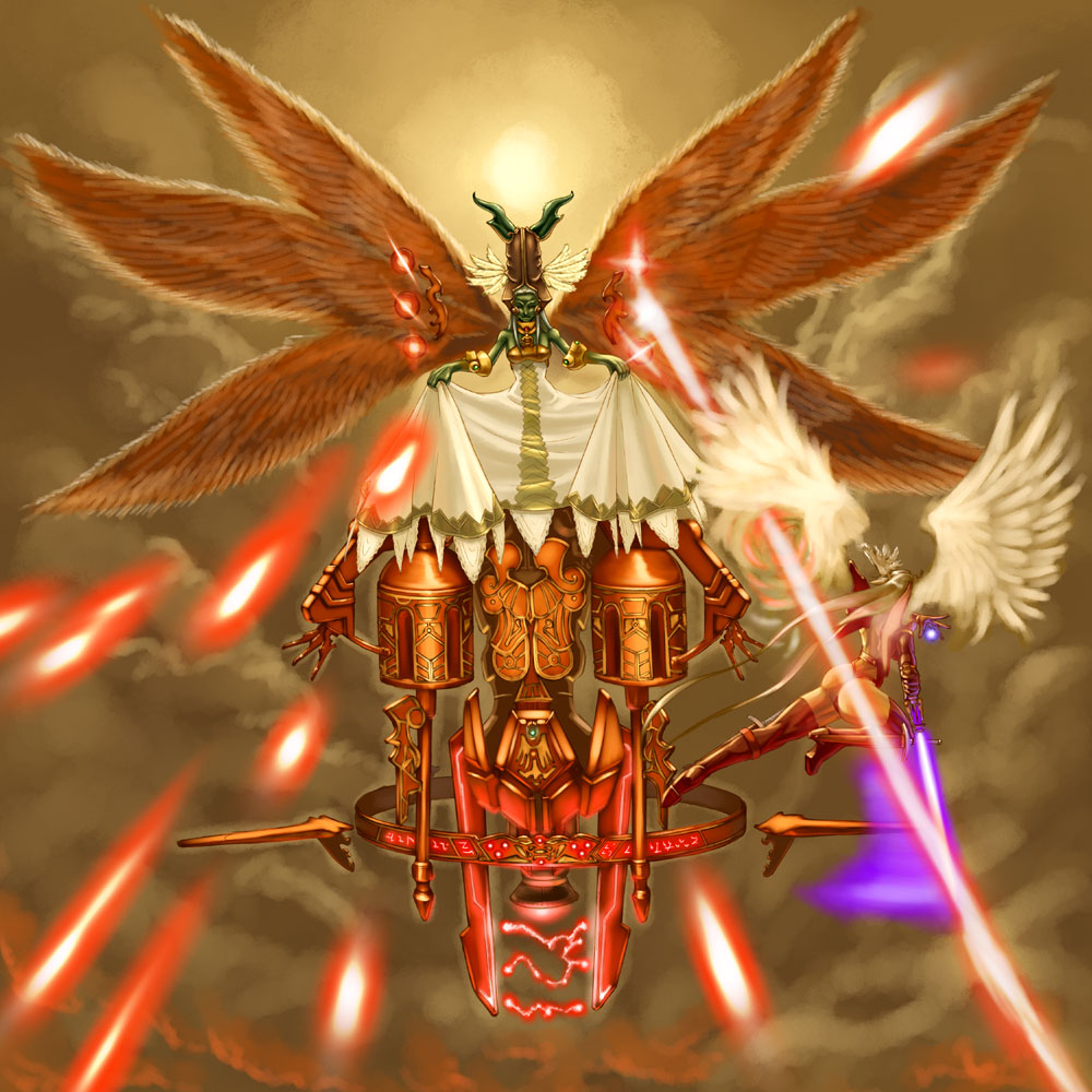 altima, angel_wings, ass, bad_id, blue_skin, boots, closed_eyes, crossover, dress, elbow_gloves, energy_ball, energy_beam, energy_sword, esper, feathered_wings, final_fantasy, final_fantasy_tactics, final_fantasy_tactics_advance, final_fantasy_xii, flying, gloves, hat, head_wings, headwings, legs, long_hair, long_legs, magic, momigara_(mmgrkmnk), multiple_girls, multiple_wings, nawashiro, seraph, silver_hair, sky, sword, thigh-highs, thigh_boots, thighhighs, thighs, ultima, ultima_(ff_xii), ultima_(fft), ultima_(ffta), weapon, wings