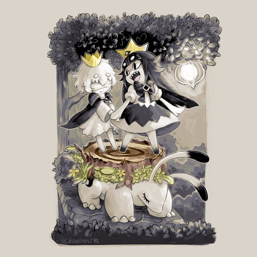1boy, 1girl, bandage, bandages, bandages_over_eyes, barefoot, black_hair, blind, blind_prince, cape, closed_mouth, creature, crowerfly, crown, dress, hand_holding, highres, liar_princess, long_hair, looking_at_another, sharp_teeth, smile, teeth, tree, usotsuki_hime_to_moumoku_ouji, white_hair
