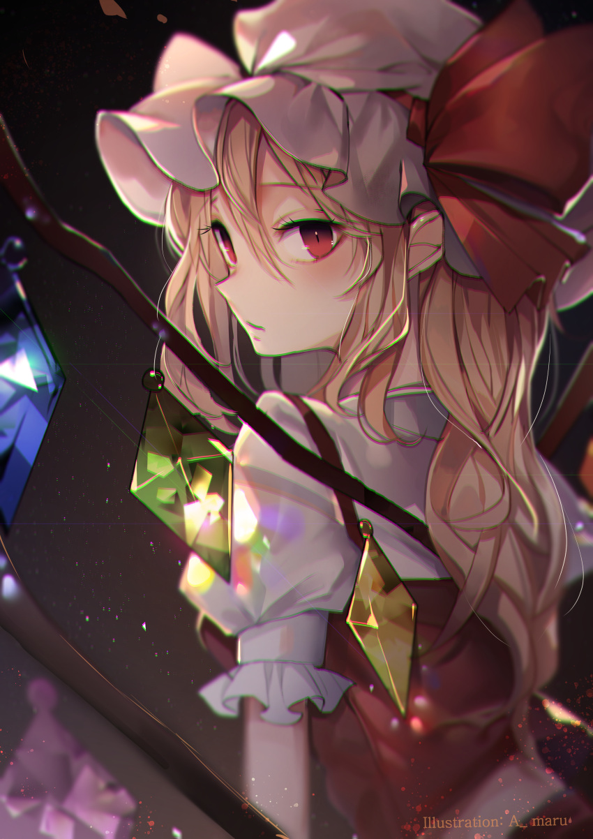 1girl, absurdres, alternate_hairstyle, blonde_hair, crystal, curly_hair, flandre_scarlet, from_behind, glowing, glowing_crystal, hair_between_eyes, hat, hat_ribbon, highres, long_hair, looking_at_viewer, looking_back, mob_cap, puffy_short_sleeves, puffy_sleeves, red_eyes, red_ribbon, red_skirt, red_vest, ribbon, short_sleeves, signature, skirt, slit_pupils, solo, touhou, unity_(ekvmsp02), vampire, vest, wings