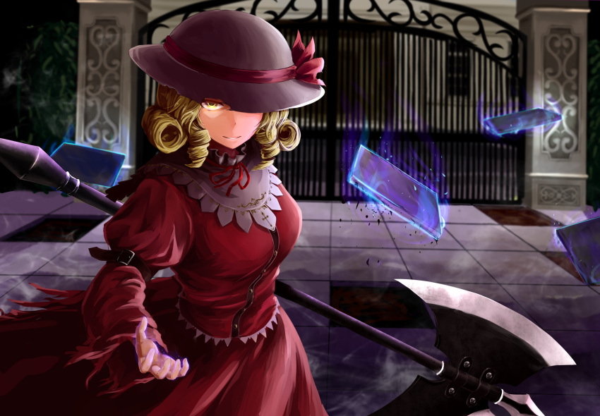 1girl, ascot, aura, blonde_hair, dress, drill_hair, elly, floating, floating_object, gate, ground, hat, highres, holding, kamiya_ueshi, long_sleeves, looking_at_viewer, mansion, mugenkan, outdoors, puffy_sleeves, red_dress, ribbon, scythe, short_hair, smile, solo, tile_floor, tiles, torn_clothes, touhou, touhou_(pc-98), twin_drills, weapon, yellow_eyes