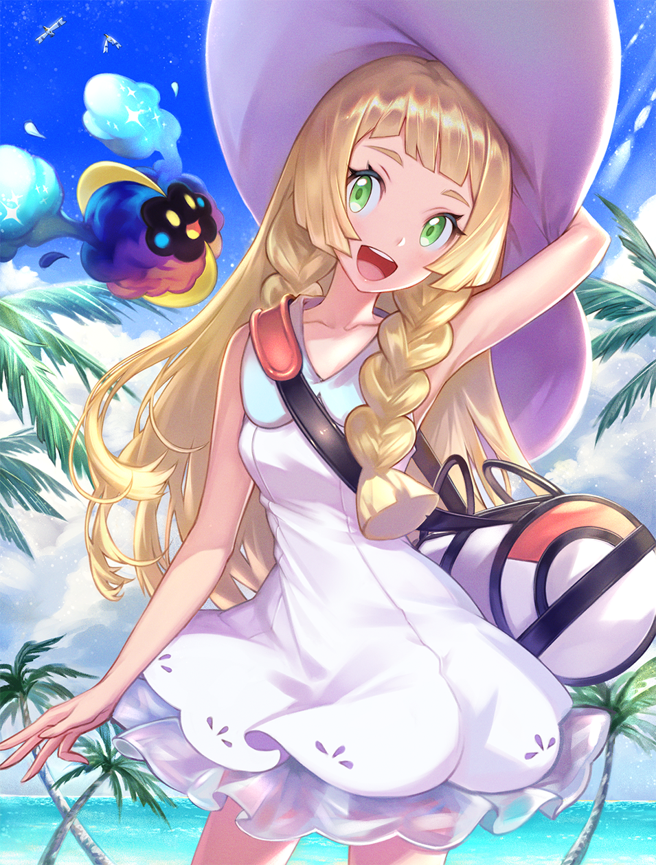 1girl, :d, arm_behind_head, arm_up, armpits, bag, bangs, bare_arms
