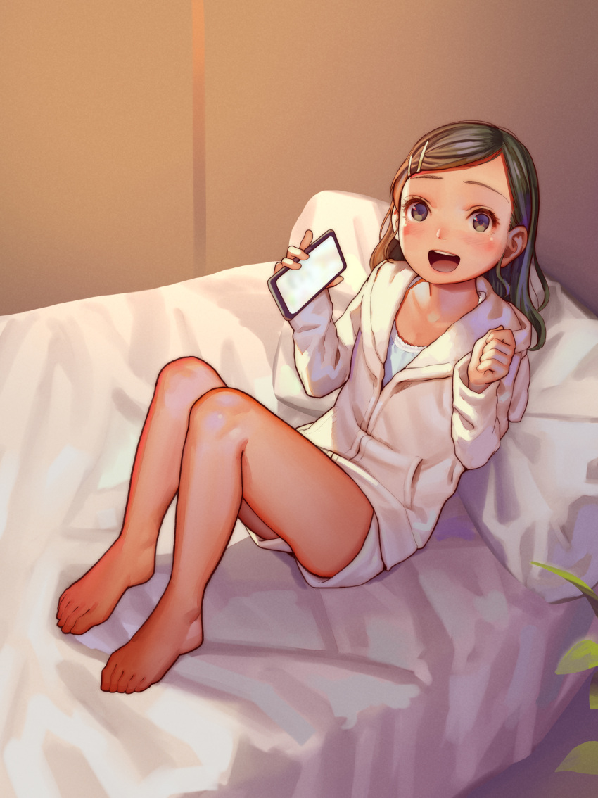 1girl, :d, barefoot, bed, bed_sheet, blush, brown_eyes, brown_hair
