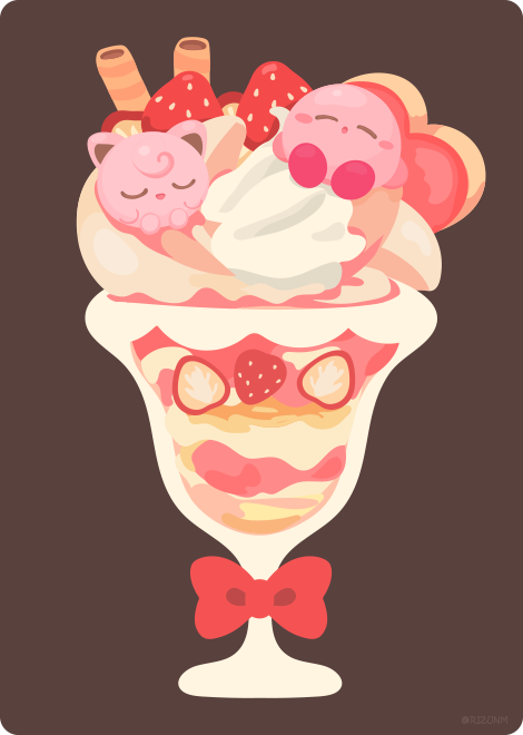 blush_stickers, bow, brown_background, closed_eyes, creatures_(company), crossover, cup, food, fruit, game_freak, gen_1_pokemon, ice_cream, jigglypuff, kirby, kirby_(series), nintendo, no_humans, open_mouth, oversized_food, parfait, pokemon, pokemon_(creature), red_bow, rizu_(rizunm), simple_background, smile, strawberry, twitter_username