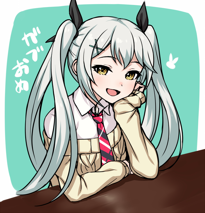 bunny_symbol, check_translation, chin_rest, elbow_rest, gabriella_talinska, hair_ornament, hair_ribbon, hairclip