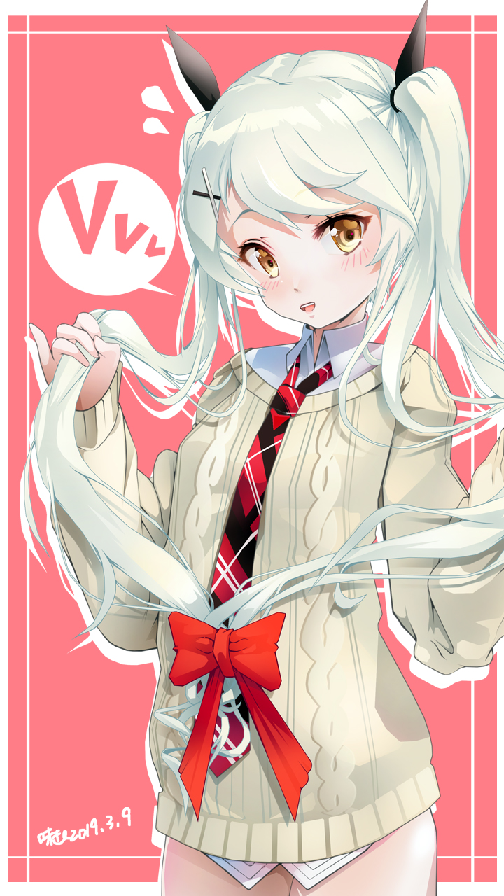 adjusting_hair, azitama_atsushi_(attyuu), black_ribbon, blush, bow, commentary, dated, drop_shadow