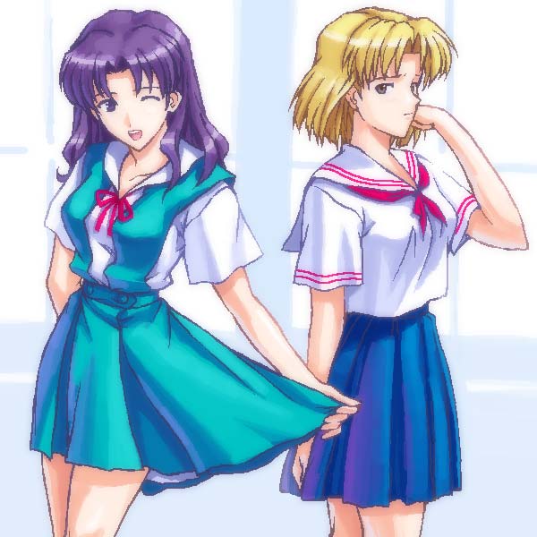 blonde_hair, curtsey, curtsy, katsuragi_misato, long_hair, lowres, neon_genesis_evangelion, purple_hair
