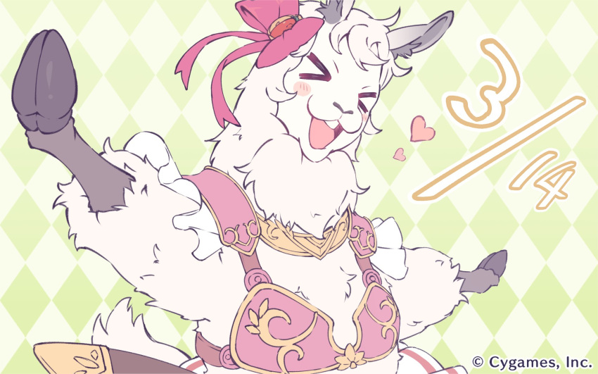 armor, bikini_armor, closed_eyes, cygames, hair_ribbon, highres, llama, official_art