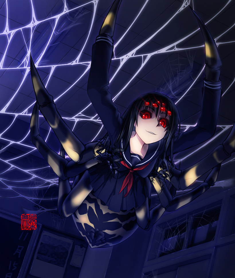 1girl, extra_eyes, hanging_from_ceiling, insect_girl, monster_girl, muchousha, original, red_eyes