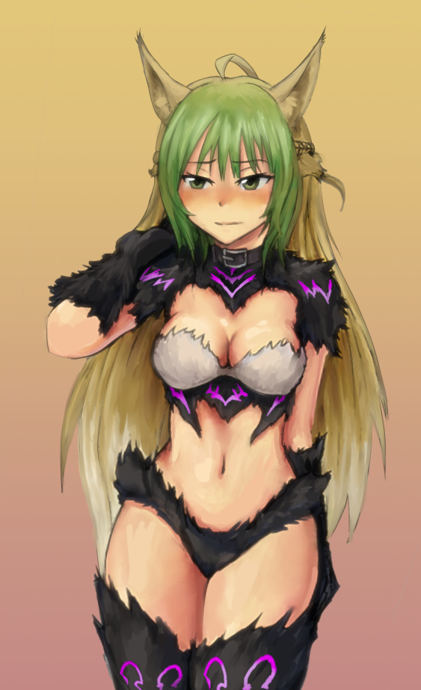 1girl, agrius_metamorphosis, animal_ears, atalanta_(alter)_(fate), atalanta_(alter)_(fate)_(cosplay), atalanta_(fate), bangs, black_collar, blush, cat_ears, cat_tail, collar, cosplay, fate_(series), gloves, highres, long_hair, navel, retroryno, self_upload, simple_background, solo, tail