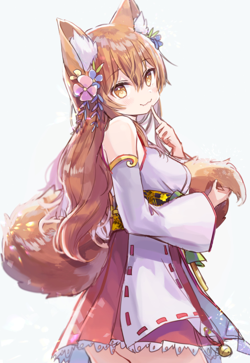 1girl, animal_ears, bangs, bare_shoulders, bell, blush, breasts, brown_eyes