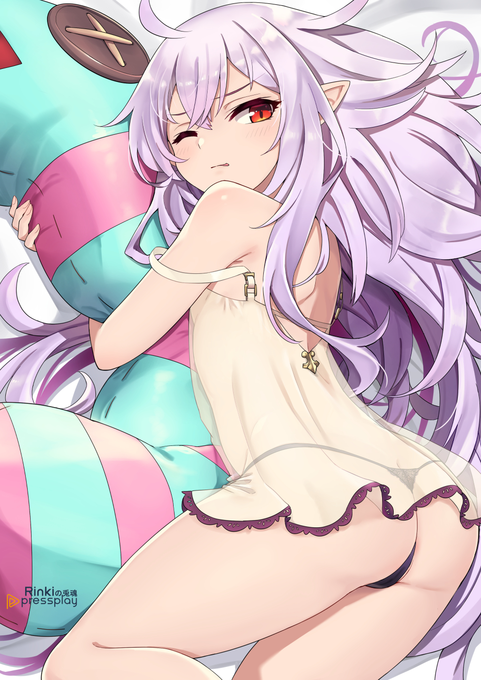 1girl, ass, bangs, bare_shoulders, black_panties, blush, brown_dress, button_eyes, commentary_request, dress, eyebrows_visible_through_hair, from_behind, hair_between_eyes, highres, lo_xueming, long_hair, looking_at_viewer, looking_back, medusa_(shingeki_no_bahamut), object_hug, one_eye_closed, panties, pointy_ears, purple_hair, red_eyes, see-through, shingeki_no_bahamut, signature, sleeveless, sleeveless_dress, solo, strap_slip, stuffed_animal, stuffed_snake, stuffed_toy, underwear, very_long_hair