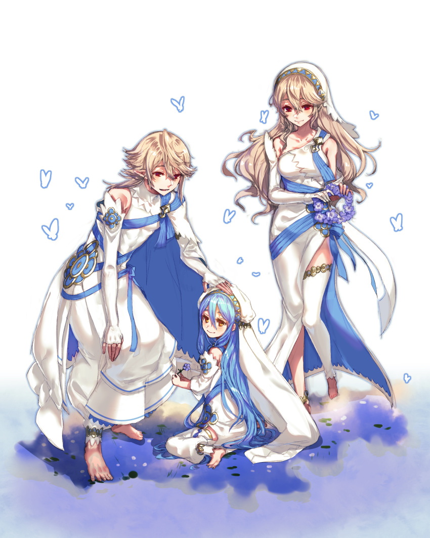 1boy, 2girls, adult, aqua_(fire_emblem_if), aqua_hair, barefoot, bug, butterfly