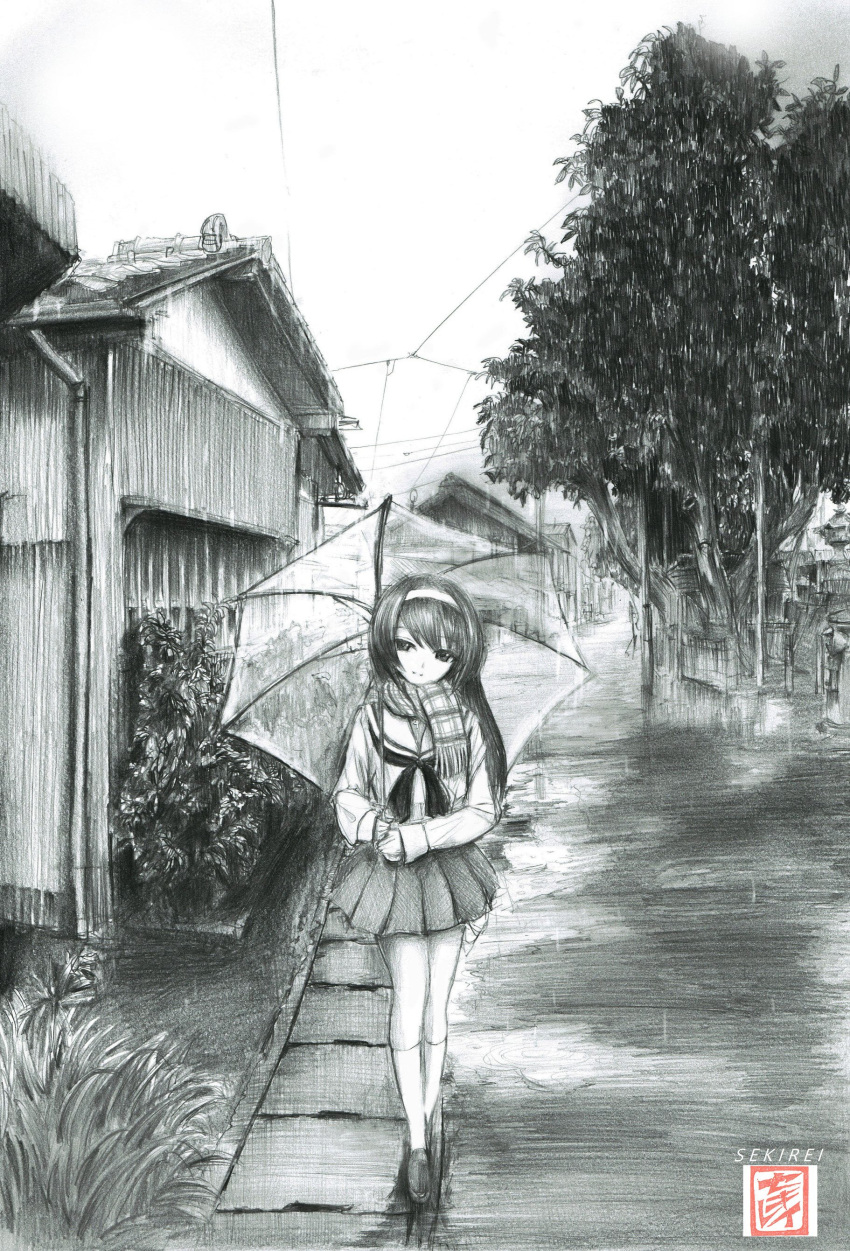 1girl, absurdres, artist_logo, artist_name, bangs, blouse, building, bush