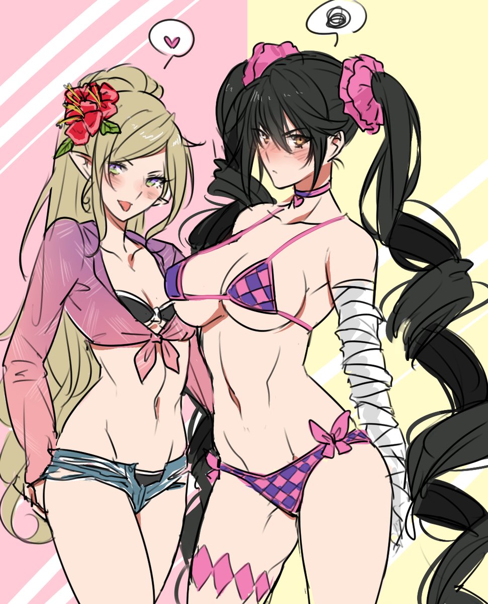 2girls, alternate_costume, alternate_hairstyle, angry, bandage, bandaged_arm, bandages, bangs, bikini, bikini_under_clothes, black_hair, blonde_hair, blush, breasts, butterfly_ornament, choker, cleavage, cosplay, costume_switch, flower, green_eyes, hair_flower, hair_ornament, heart, highres, legband, long_hair, magilou_(tales), multiple_girls, pink_choker, pink_shirt, pointy_ears, ponytail, shirt, short_shorts, shorts, smile, speech_bubble, swimsuit, swimwear, tales_of_(series), tales_of_berseria, tied_hair, tied_shirt, tusia, twintails, under_boob, velvet_crowe, very_long_hair, yellow_eyes