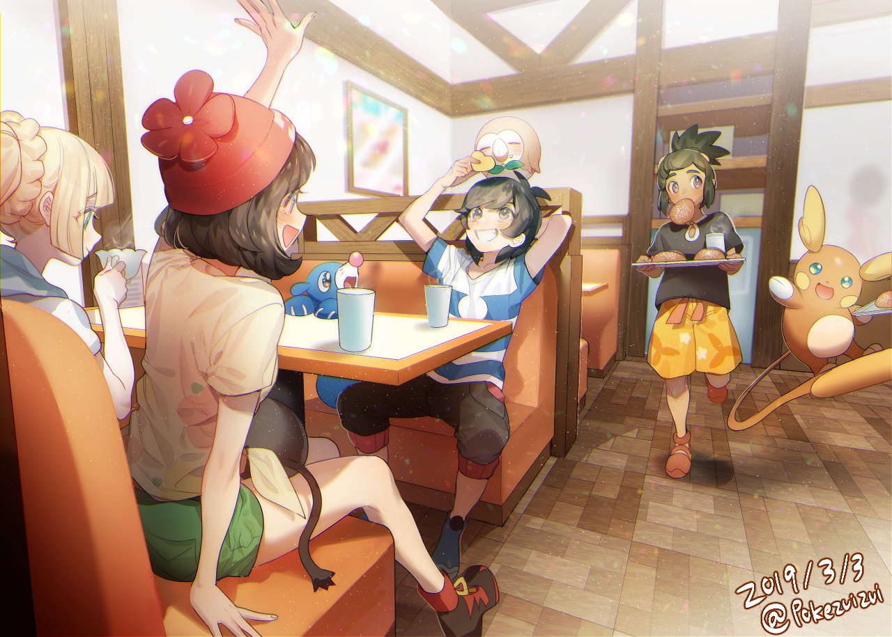 alolan_form, alolan_raichu, arm_up, beanie, black_hair, black_shirt, blonde_hair, capri_pants