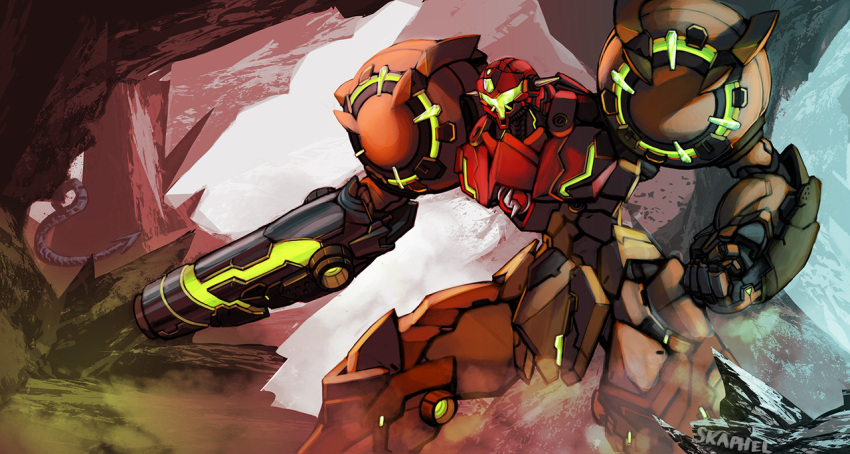 arm_cannon, cave, clenched_hand, getter_robo, jagged_rocks, mecha, metroid, neon_trim