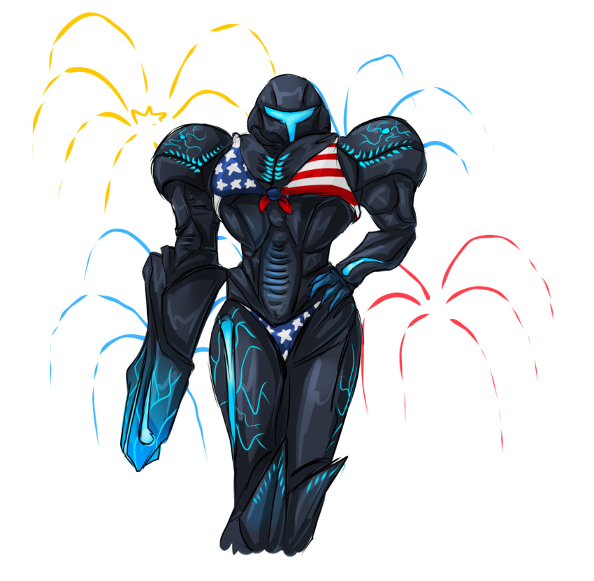 american_flag_bikini, arm_cannon, bikini, cryophase, dark_samus, fireworks, flag_print, hand_on_hip